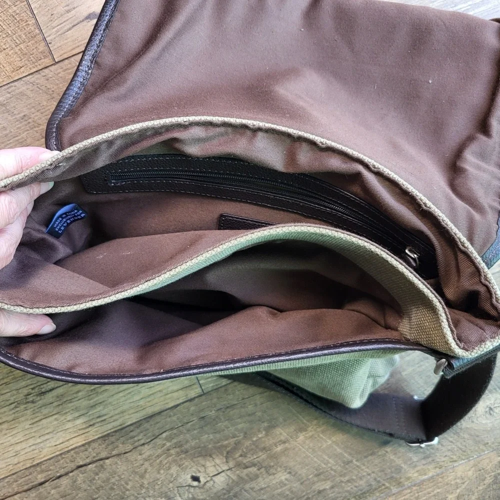 Levenger Olive Green Canvas & Brown Leather Trim Messenger Crossbody Bag